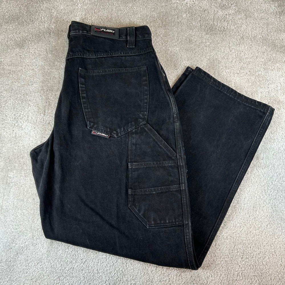 Vintage 90s FUBU Cargo Denim Pants Mens 36x34 Streetwear Wide Leg Baggy Jeans